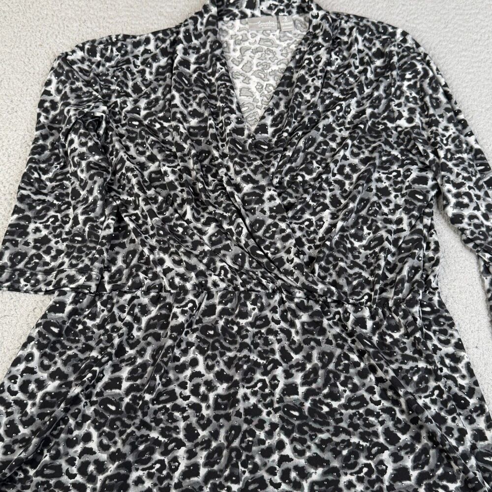 CHICO'S Wrap Cardigan Women 3 - XL Black Cheetah Print Studded V Neck 3/4 Sleeve